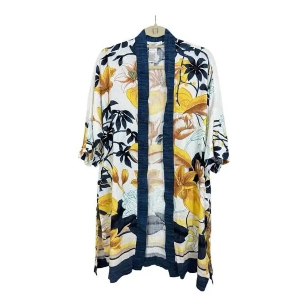 Chico's Tropical Ruana Wrap‎ Size S/M Lightweight Kimono Sleeves Yellow Navy